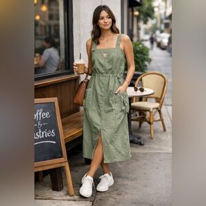 Sage‎ Green Utility Midi Dress Pockets Fully Lined Size M